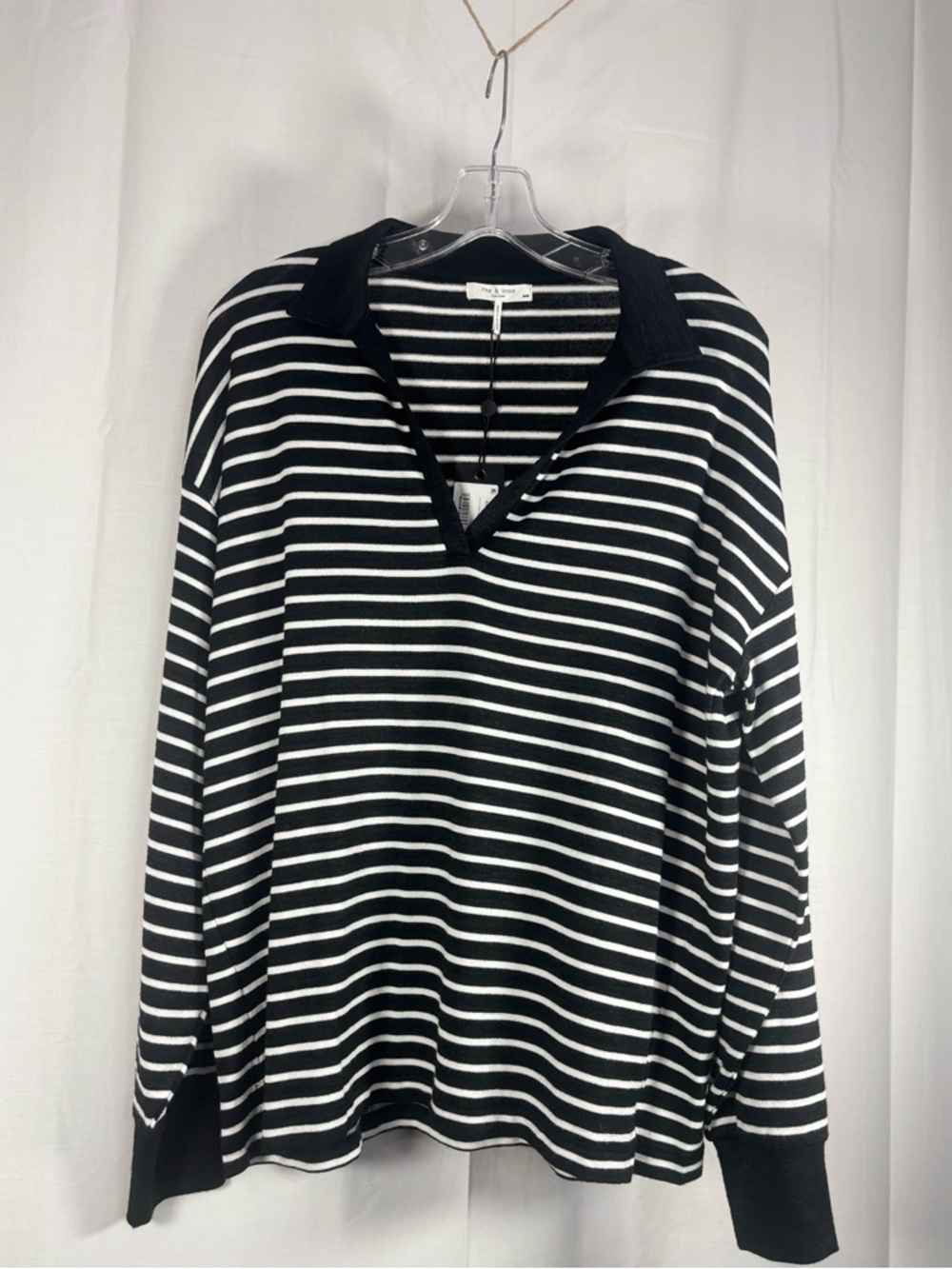 NWT RAG & BONE Women’s Knit Striped Polo Vneck Top- Black & White Size M